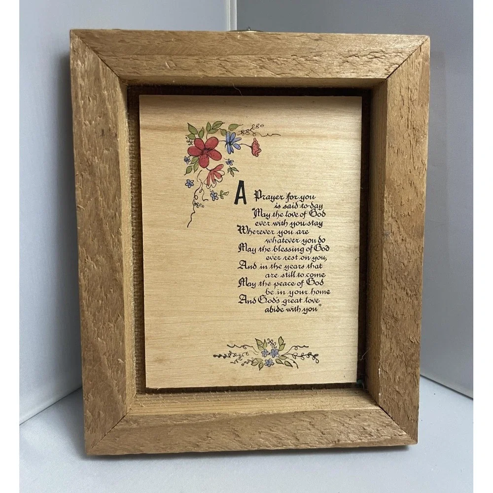 Vintage Wooden Framed Prayer Plaque Christian Blessing Floral Wall Table Decor